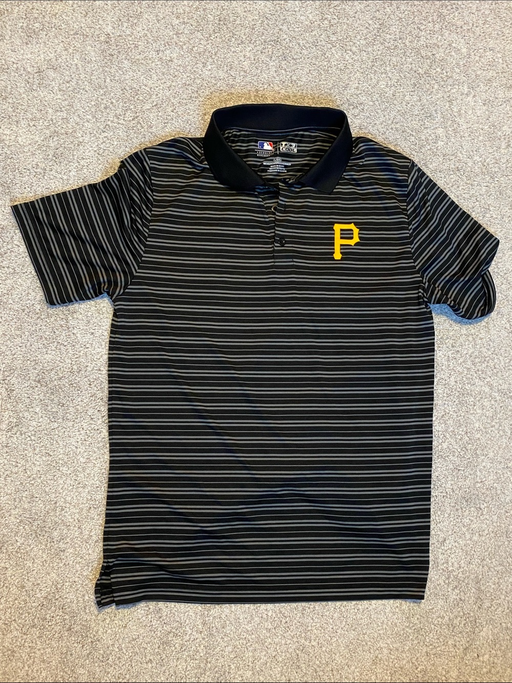 Genuine Merchandise Black Striped Polo with Yellow 'P' Logo men’s large pirate